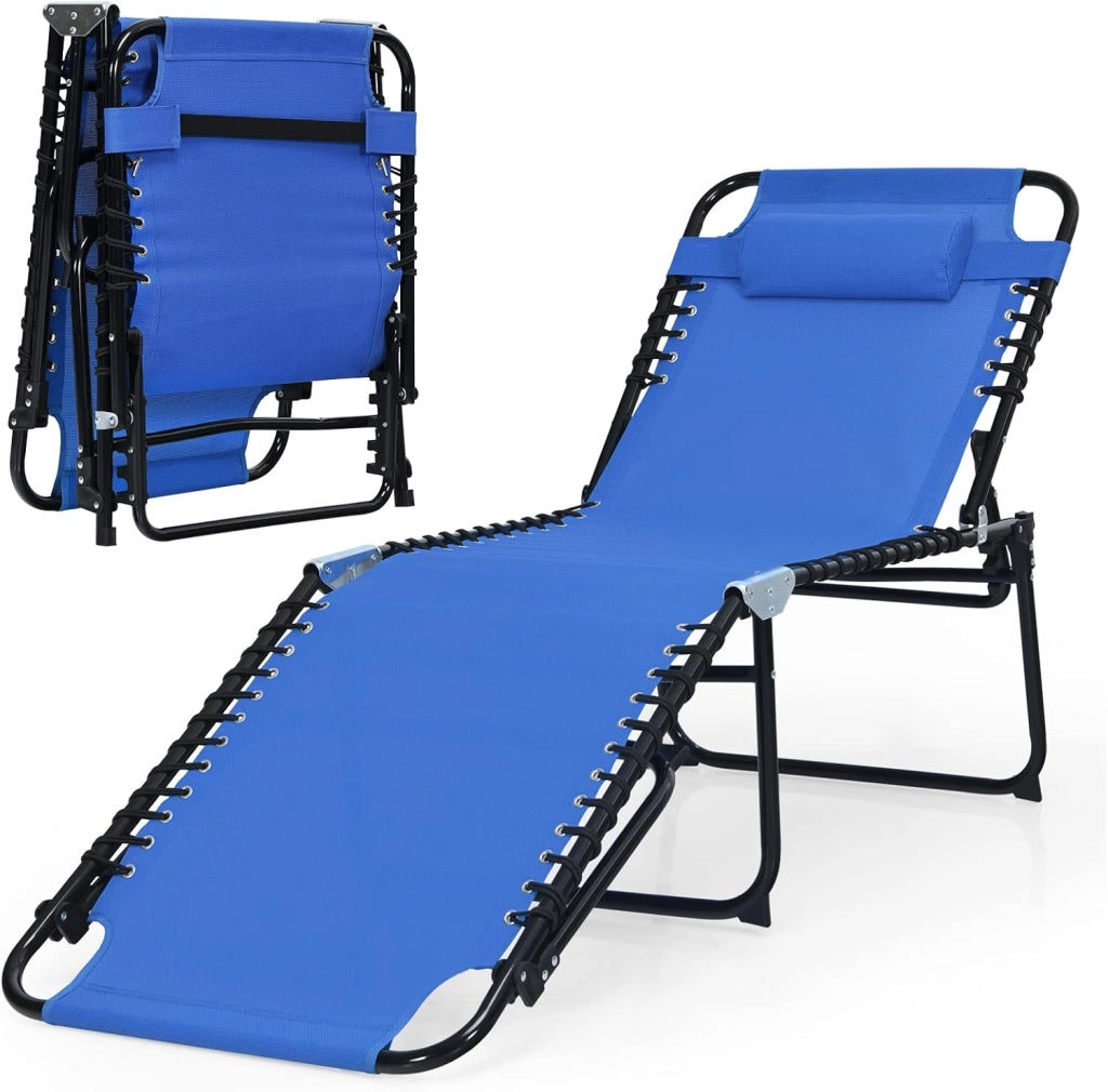 Sedia a Sdraio Pieghevole da Giardino, da Campeggio, Schienale Regolabile, con Poggiatesta, Portata Fino a 120 kg, 3 Colori (Blu)