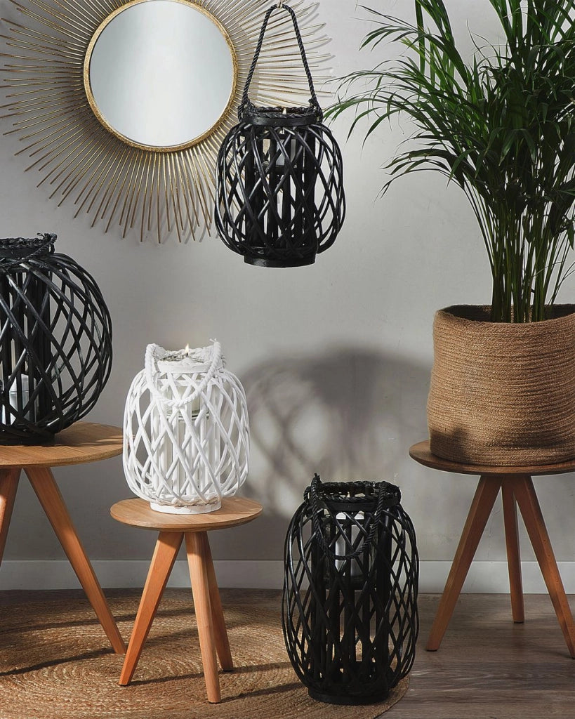 Lanterna in legno di salice Nero e vetro 40 cm Portacandele per interni ed esterni Boho scandinavo