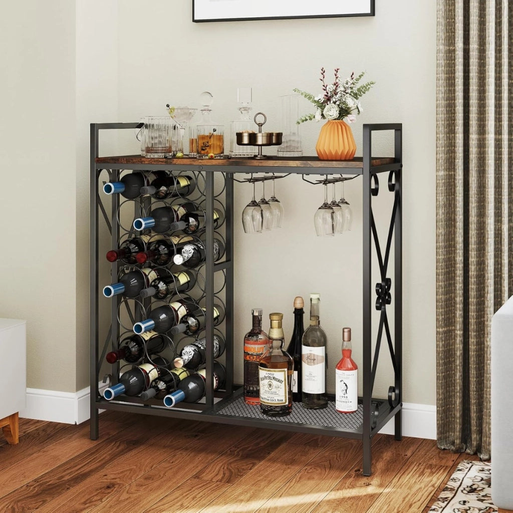 Portabottiglie da vino a 21 bottiglie, Organizzatore da terra con supporto per bicchieri e piano in legno Marrone + Nero