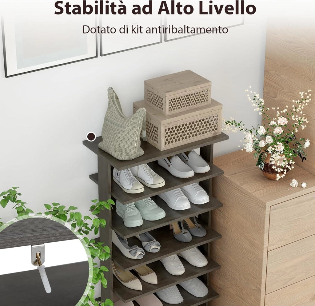 Scarpiera Verticale a 7 Livelli, Organizer per Scarpe in Stile Retrò, con Pannello Rimovibile, Scaffale per Scarpe per Corridoio Ingresso Armadio, 45x25x110 cm (Grigio)