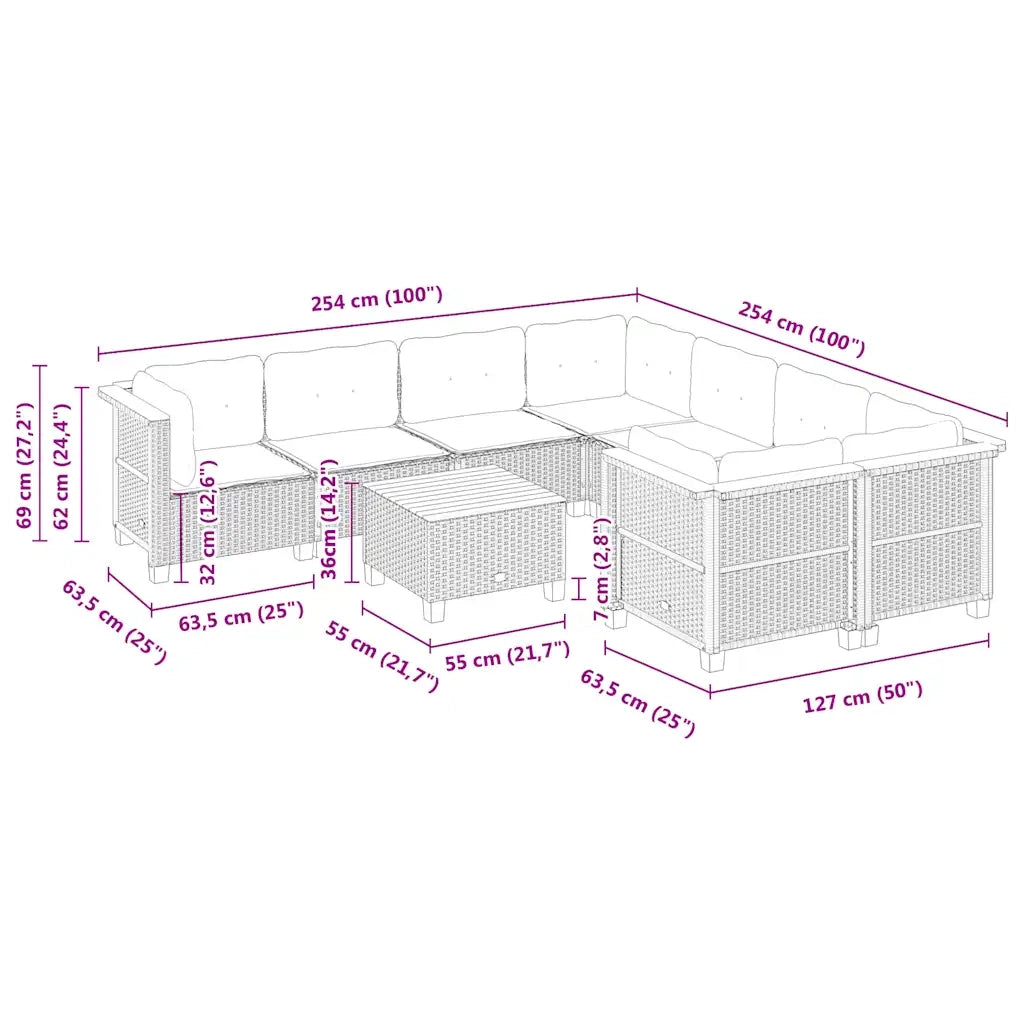 Set Divano da Giardino 9 pz con Cuscini Beige in Polyrattan 3261775
