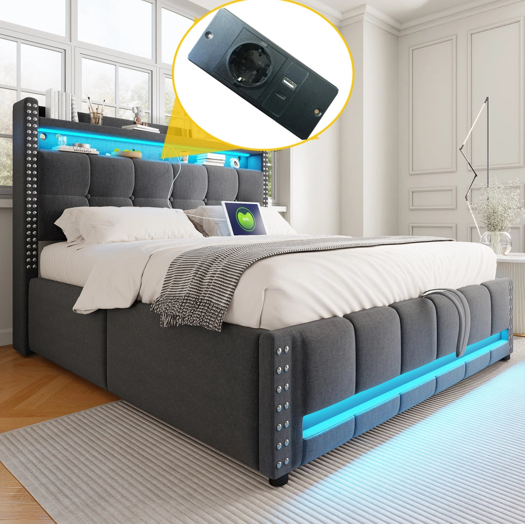 Letto matrimoniale imbottito 140x200 cm con LED e USB grigio