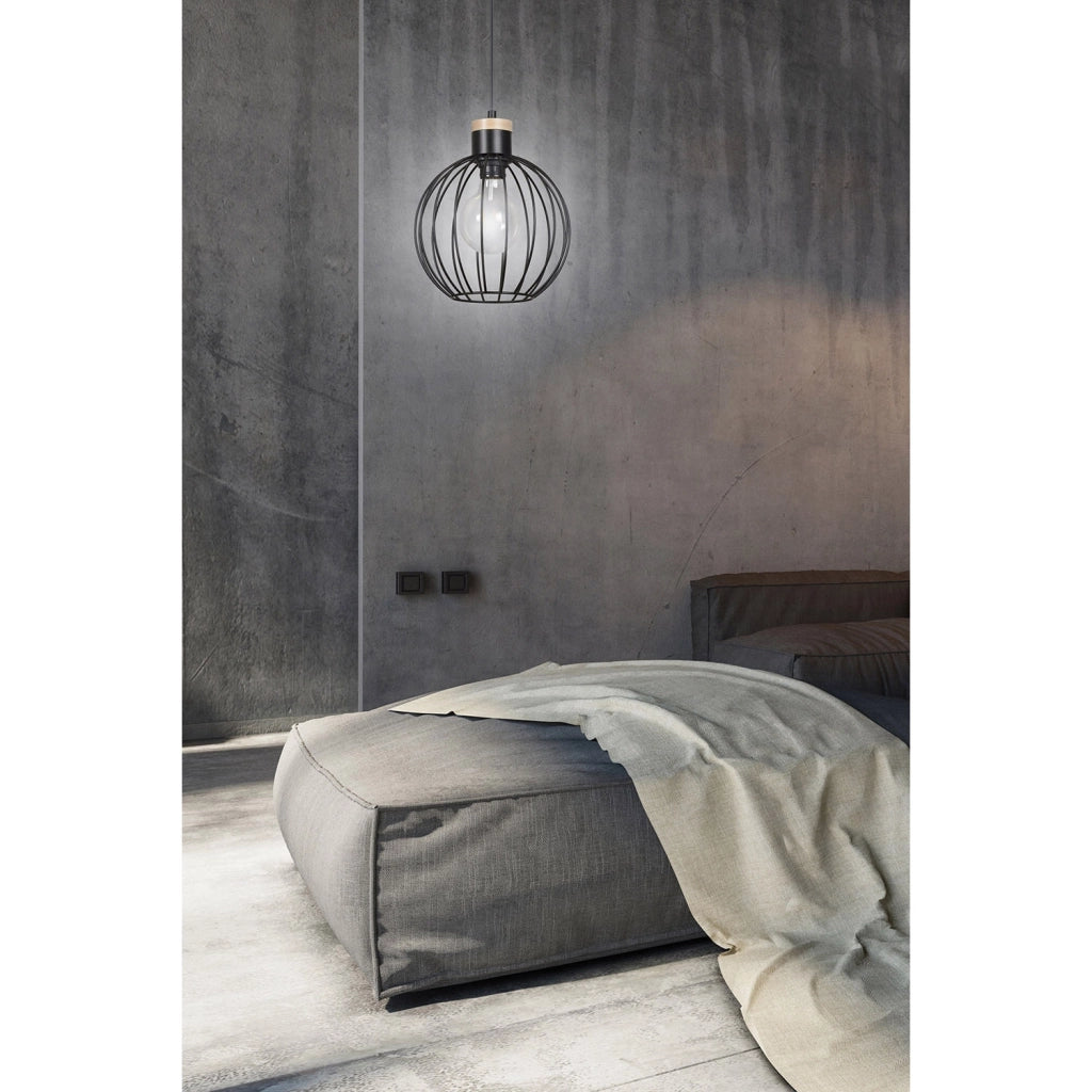 Sospensione 1 Luce Morgana Paralume A Gabbia In Acciaio Nero E Legno Naturale