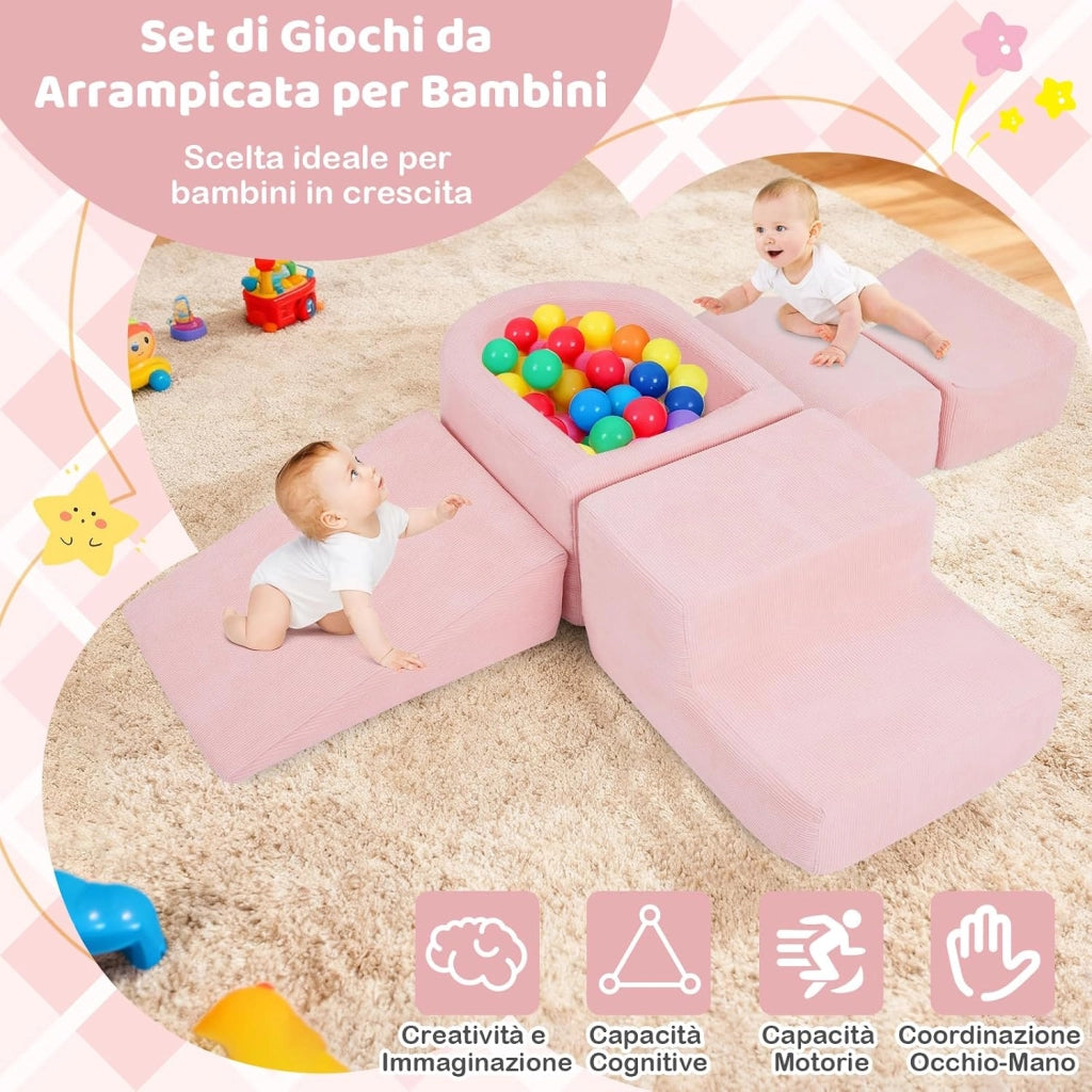 Blocchi da Arrampicata in Schiuma per Bambini, con Piscina di Palline, Set di 5 Pezzi per Arrampicata e Strisciamento, Set da Gioco da Interno per Bambini 3 Anni+ (Rosa,Velluto a coste)