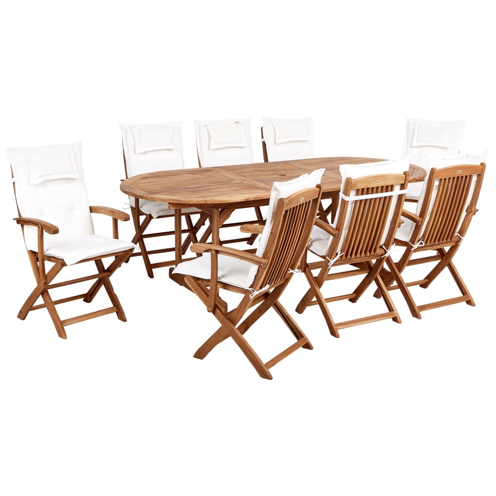 Set da pranzo per esterni in legno di acacia chiaro con cuscini bianco sporco tavolo a 8 posti sedie pieghevoli design rustico