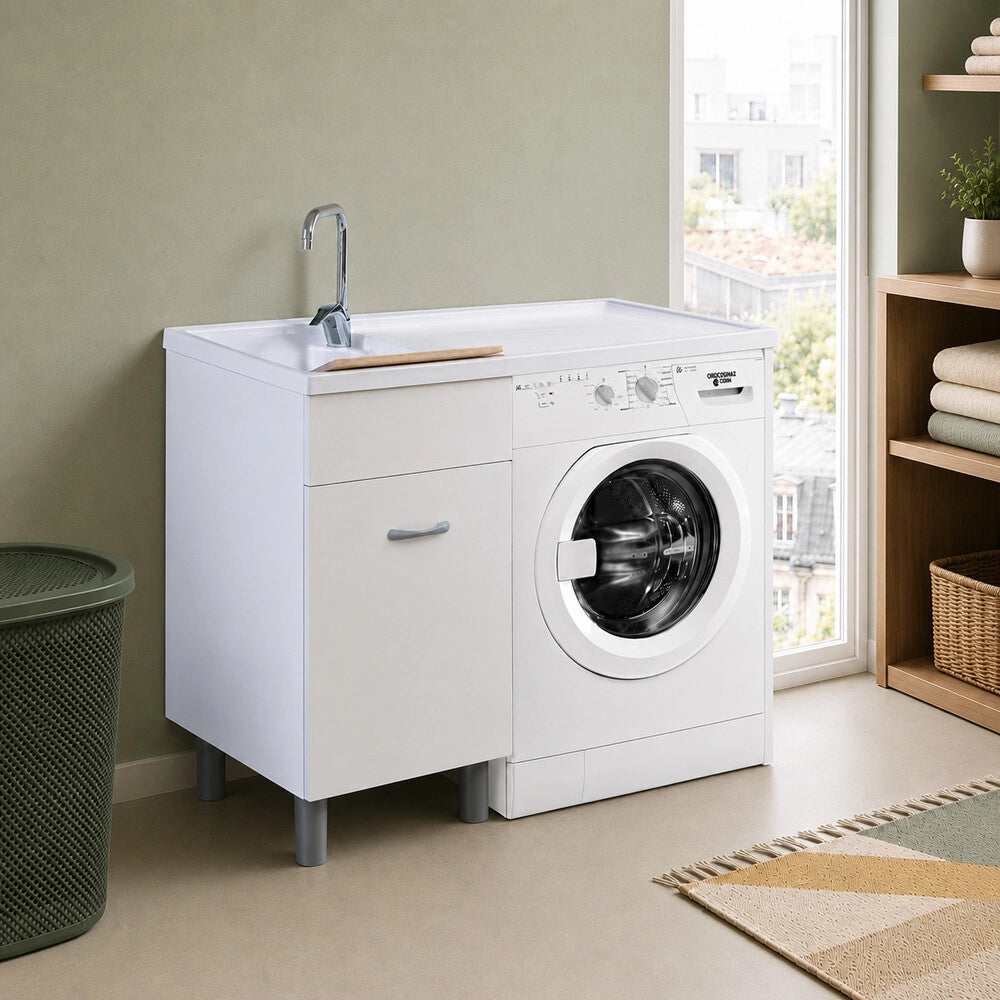 Mobile porta lavatrice 106x60 cm bianco opaco con vasca a sinistra e asse lavapanni incluso Medea