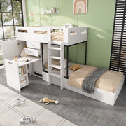OKWISH Letto a Castello 90×200 cm, Letto Singolo con Scrivania Estraibile, Armadio, 2 Cassetti, Mensole e Scala, senza Materasso, Bianco Nero
