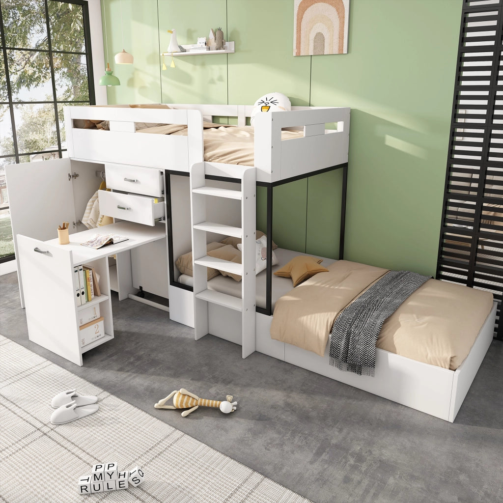 OKWISH Letto a Castello 90×200 cm, Letto Singolo con Scrivania Estraibile, Armadio, 2 Cassetti, Mensole e Scala, senza Materasso, Bianco Nero