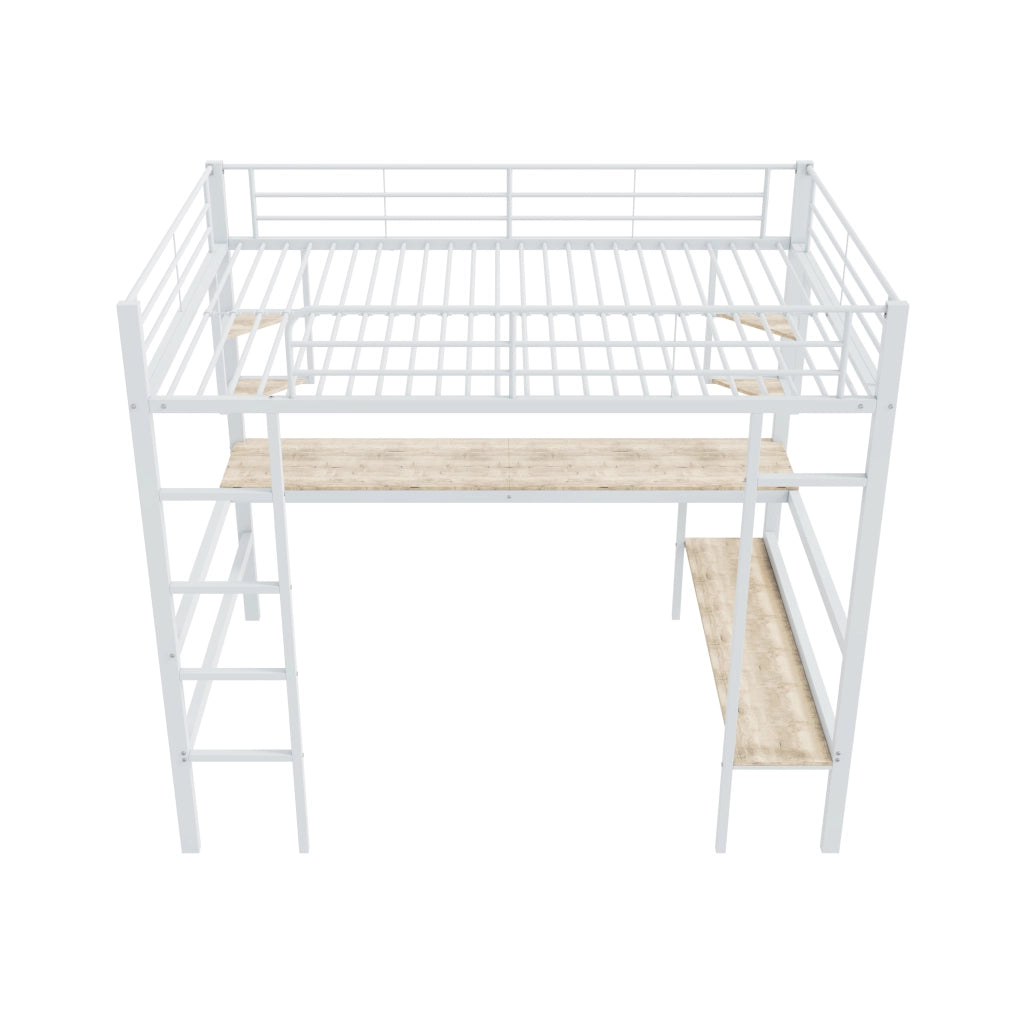OKWISH Letto a Soppalco 140×200 cm, Letto Matrimoniale con Scrivania, 4 Mensole e Libreria, senza Materasso, in Metallo e MDF, Bianco