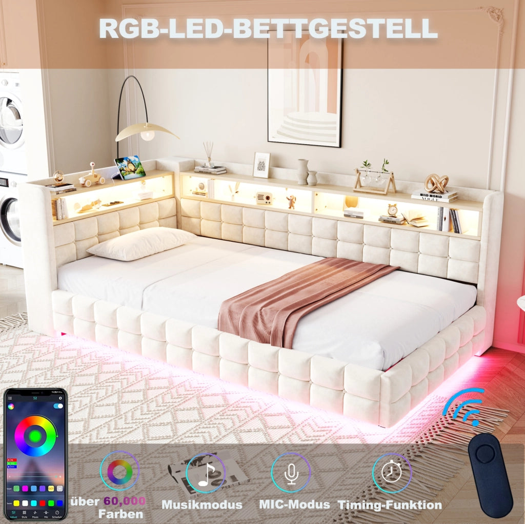Divano letto imbottito 90x200 cm in velluto beige con contenitore; LED e USB