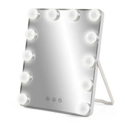 SPECCHIO 12 LED HOLLYWOOD 3 LUCI DI COLORE BIANCO, NATURALE, CALDA, REGOLABILE, INTERRUTORE TOUCH CAVO USB INCLUSO 25 X 30 CM