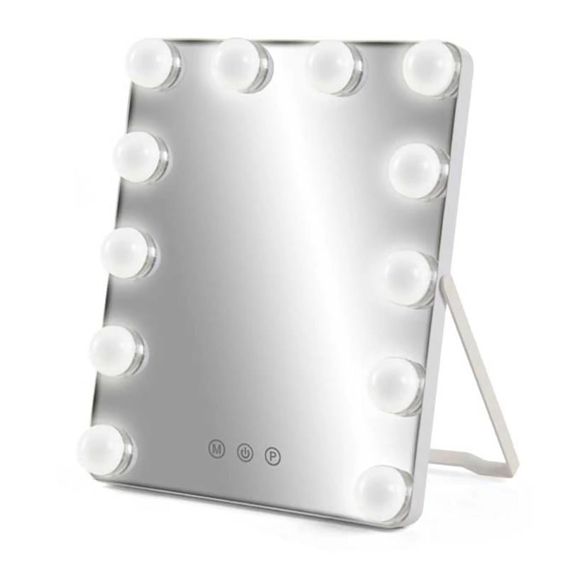 SPECCHIO 12 LED HOLLYWOOD 3 LUCI DI COLORE BIANCO, NATURALE, CALDA, REGOLABILE, INTERRUTORE TOUCH CAVO USB INCLUSO 25 X 30 CM