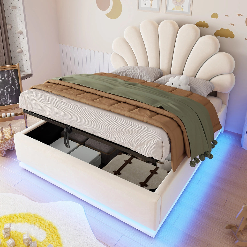 Letto imbottito beige 140 x 200 cm con vano contenitore e luci LED