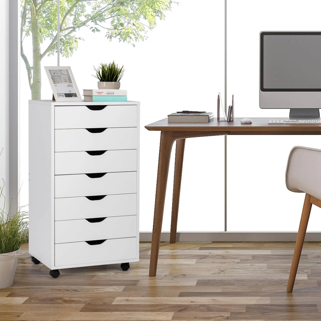 Cassettiera Ufficio con 7 Cassetti, Cassettiera Scrivania con 4 Ruote Bloccabili, Schedario Portadocumenti in Legno, per Stampante per Studio, Camera da Letto, 49 x 40 x 87 cm (Bianco)