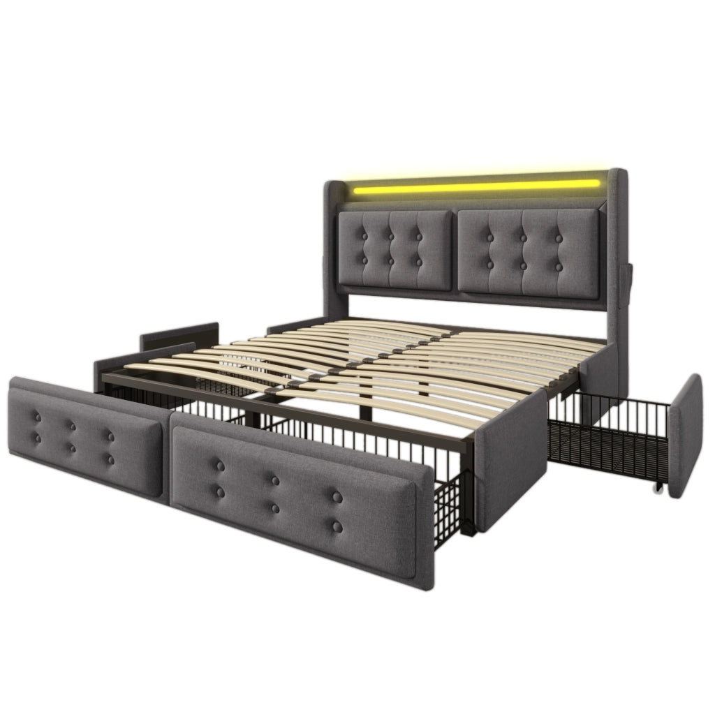 Letto imbottito ULEVR 140x200 cm con 4 cassetti, LED e ricarica USB/Type-C, grigio