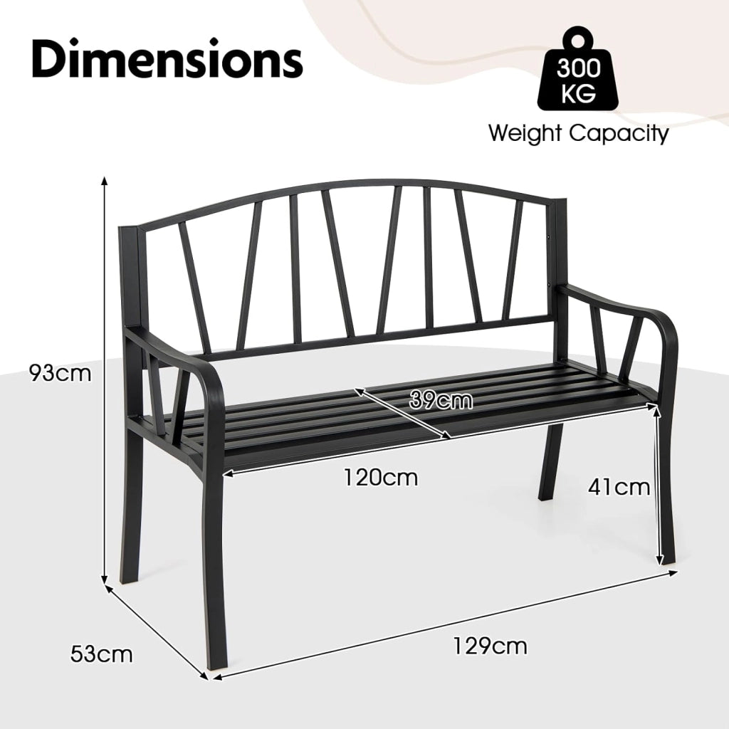 Panca esterna da giardino, seduta a doghe per 2-3 persone, capacità 300 kg, schienale semplice, braccioli curvi, panca da giardino in metallo robusto per terrazza, parco (129 x 53 x 93 cm)