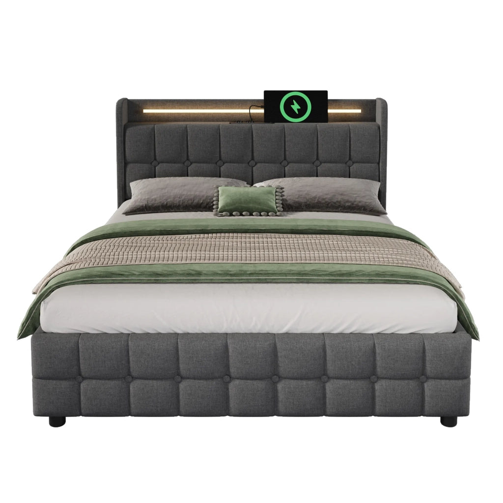 Letto matrimoniale imbottito 180x200 cm con LED; USB; prese; 4 cassetti e rete a doghe; grigio