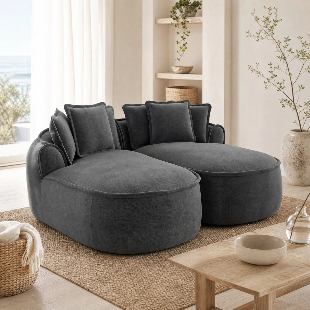Divano modulare letto senza struttura a 2 moduli in chenille grigio con cuscino regolabile e cuscini inclusi
