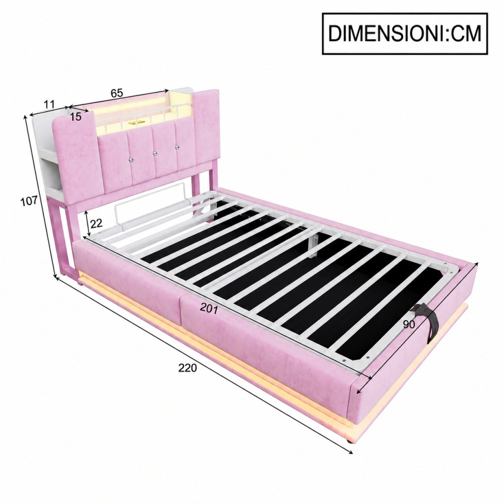 Letto imbottito per bambini 90x200 cm con LED e USB; contenitore idraulico; velluto rosa