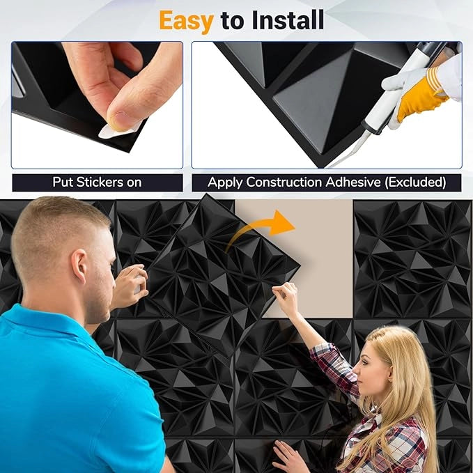 20 Pezzi 3D Pannelli Murali 50 x 50 cm, Pannello da Parete 3D Diamante, Decorazione Interna da Parete in PVC, 5 m², per Soggiorno Camera da Letto (5㎡,Nero)