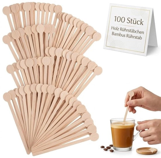 Set di Spigoli per Barista - 100 pezzi - Manici in Legno - Estremità Smussate - Set di Frullatori Pratici - Ideali per Caffè/Te/Cocktail - Leggeri e Robusti