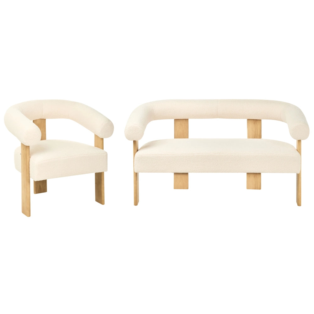 Set da salotto divano a 2 posti poltrona imbottita bouclé bianco sporco e marrone chiaro stile retrò soggiorno