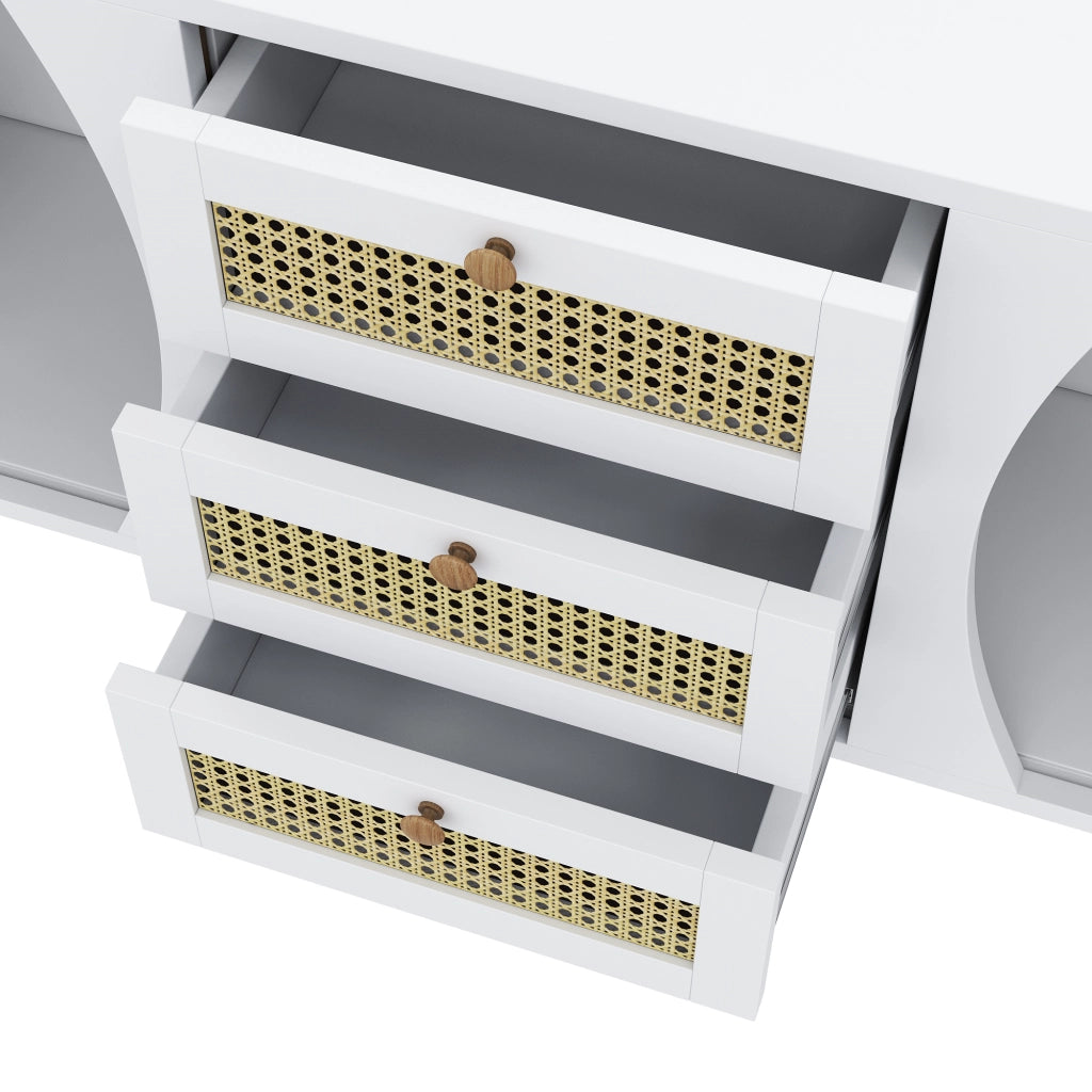 Credenza con cassetti in rattan e ripiani regolabili bordi arrotondati bianco e legno 140,5 × 40 × 76 cm