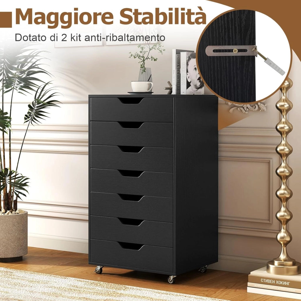 Cassettiera da Ufficio con 7 Cassetti, Mobiletto per Documenti con 4 Ruote Girevoli, Cassettiera da Scrivania in Legno per Ufficio e Soggiorno, 49 x 40 x 87 cm (Nero)