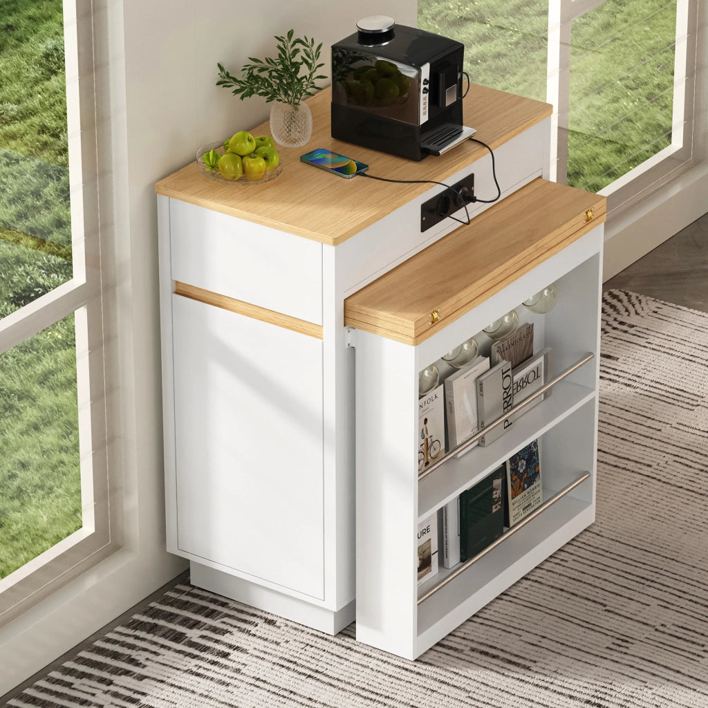 Tavolo da pranzo con piano estraibile; LED e prese USB per cucina in MDF bianco