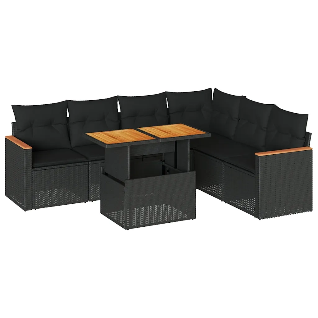 Set Divani da Giardino con Cuscini 7pz Nero Polyrattan Acacia