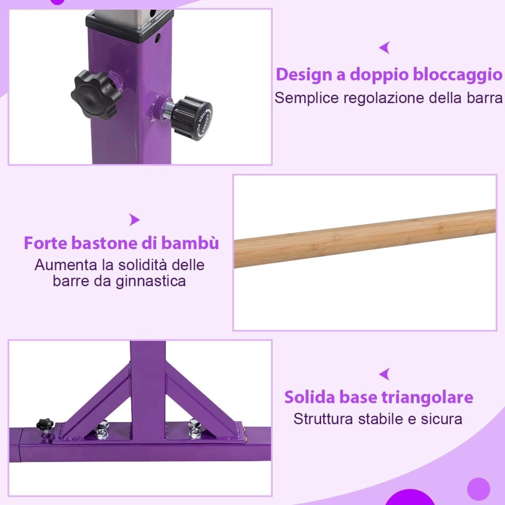 Parallele Doppie per Ginnastica, Sbarre Orizzontali Doppie con Larghezza Regolabile e 11 Altezze, capacità di Carico di 100 kg, Sbarre di Allenamento per Bambini 6-12 Anni