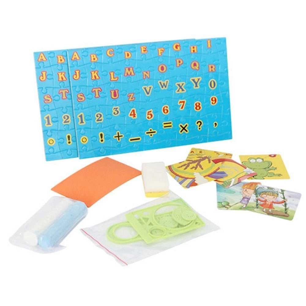 Trade Shop - Tavolo Con Doppia Lavagna Per Bambini Scomparti Porta Accessori Puzzle E Gessi -