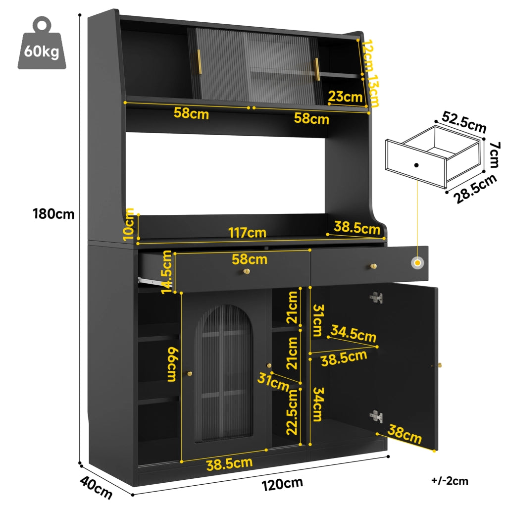 Credenza alta 120x40x180 cm con LED e ripiani regolabili in MDF e pannello truciolare; nera