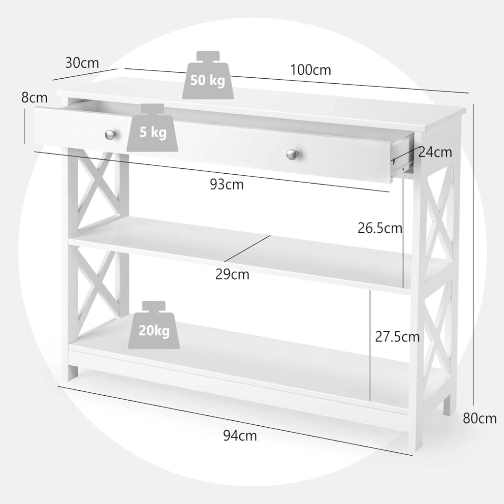 Tavolo Consolle da Divano, a 3 Ripiani, Cassetto con Manico, Salvaspazio per Soggiorno, Salotto, Ingresso, Portata di 75 kg (bianco)