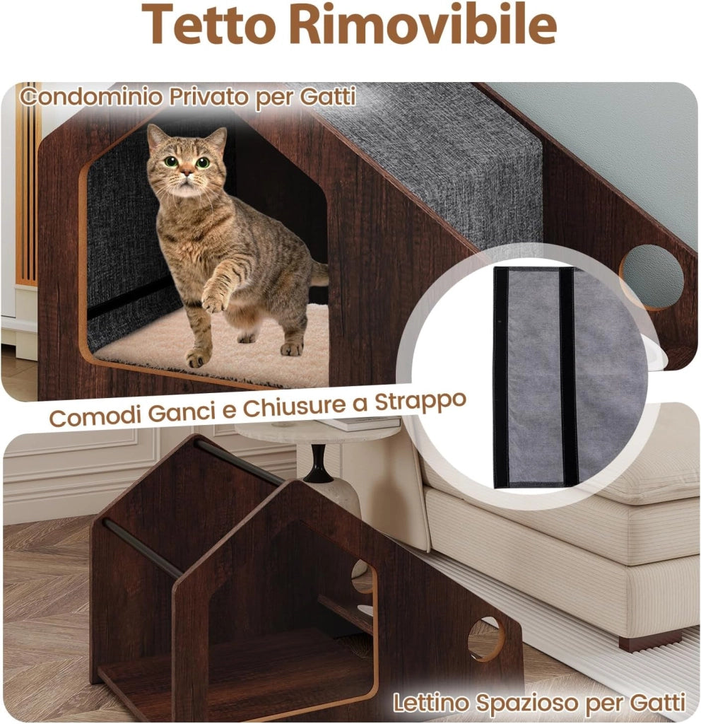 Casetta in Legno per Gatti da Interni, Condo per Gatti con Stazione di Alimentazione, Tetto Rimovibile e Struttura in Metallo, Cuccia per Gattini in Stile Fattoria, 60 x 40 x 40 cm