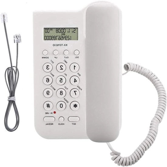 Telefono da parete con cavo elastico e display a richiesta per uso domestico, ufficio, hotel (bianco)
