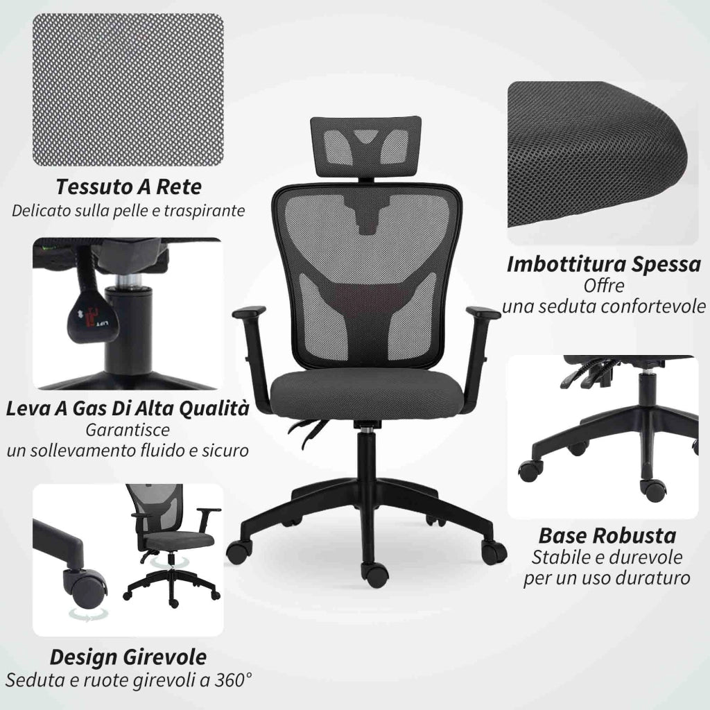 Sedia da Ufficio Ergonomica e Regolabile 66x61x106-116 cm con Supporto Lombare e Poggiatesta in Tessuro a Rete Grigio