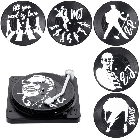 Set di Supporti per Disco in Vinile Retro con Base e Etichette Leggendarie, Set di 6 Supporti in Vetro con Scatola Regalo per Bar, Caffè, Casa, Feste, Ufficio