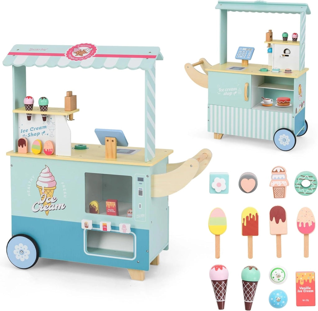 Gelateria Giocattolo per Bambini con Gelatiera, Carrelo dei Gelati in Legno con Ruote e Maniglia, Negozio di Gelati Giocattolo con Cassa e 15 Accessori, per Bambini di 3 + Anni (Rosa)