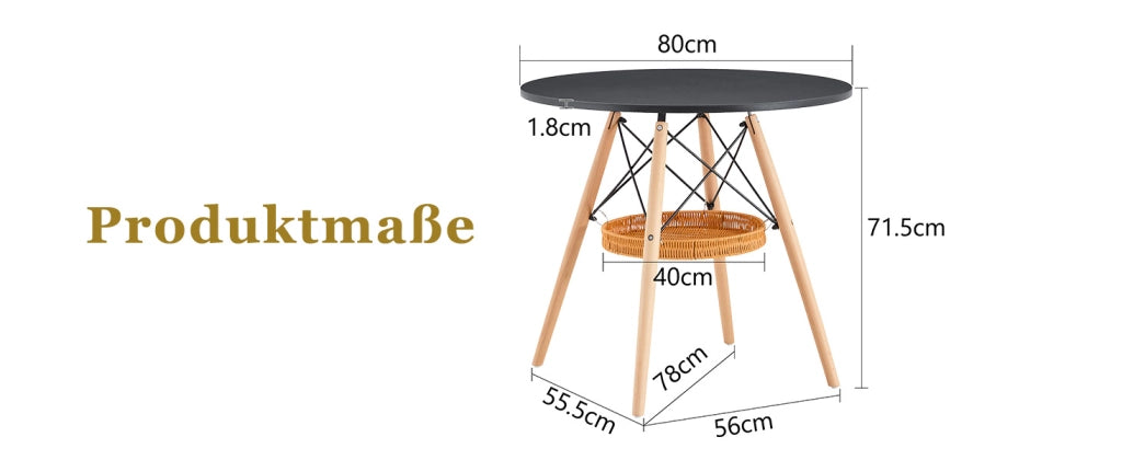 Tavolo da pranzo rotondo Ø80 cm MDF nero gambe in legno massello cesto intrecciato sospeso
