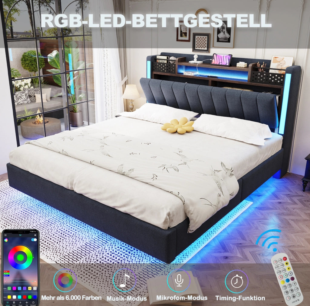 Letto matrimoniale imbottito 140x200 cm con LED e USB, grigio