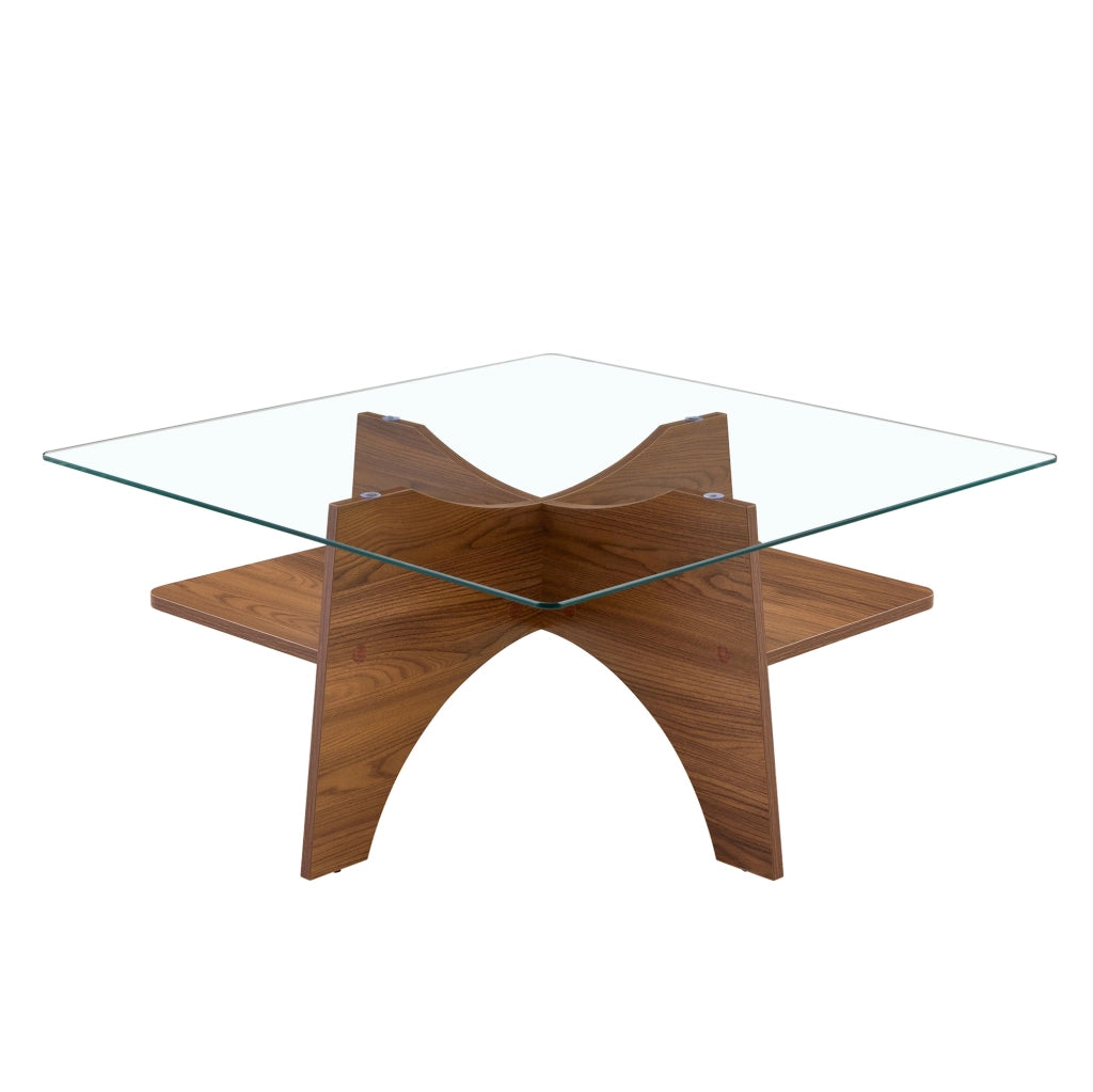 Tavolino 80x80x40 cm con piano in vetro temperato; struttura in MDF effetto noce