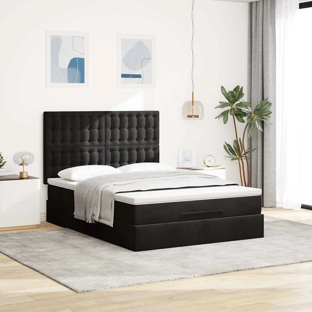 Struttura Letto Pouf con Materassi Nero 140x200 cm in Velluto