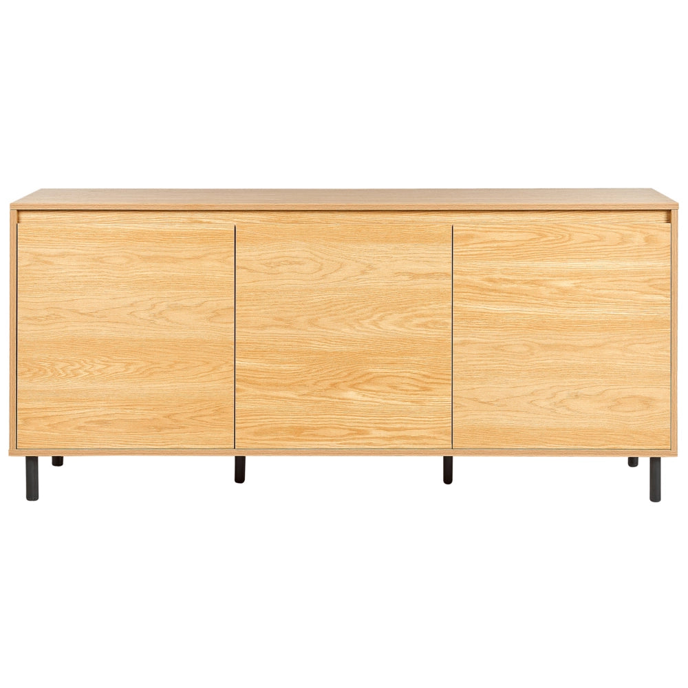 Credenza a 3 ante in legno chiaro con gambe in metallo nero Armadietto indipendente con ripiani Unità di stoccaggio per la casa Credenza minimalista