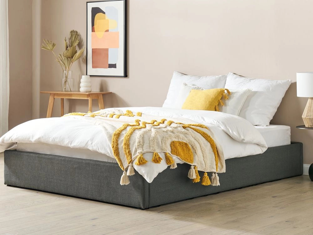Letto a doghe Ottomana imbottita in tessuto poliestere grigio 160 x 200 cm Design moderno