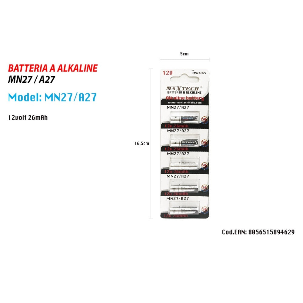 Trade Shop - 5 Pile Batteria Alkaline Mn27/a27 12v Pila Alcalina 26mah Per Telecomando Maxtech -