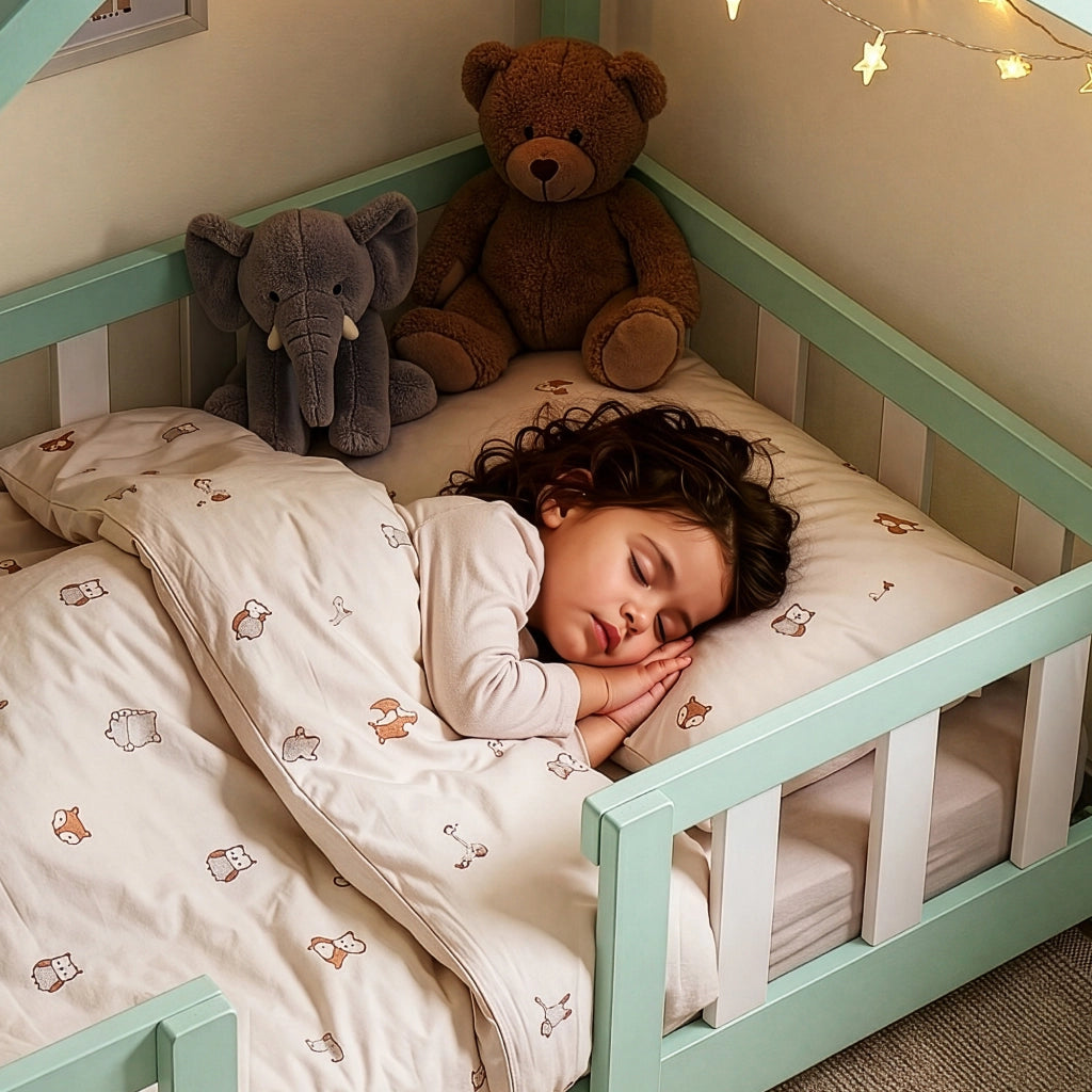Letto per Cameretta Treviolo a Forma di Casetta in Stile Montessori con Materasso 70x140 cm - Menta Verde/Bianco [en.casa]