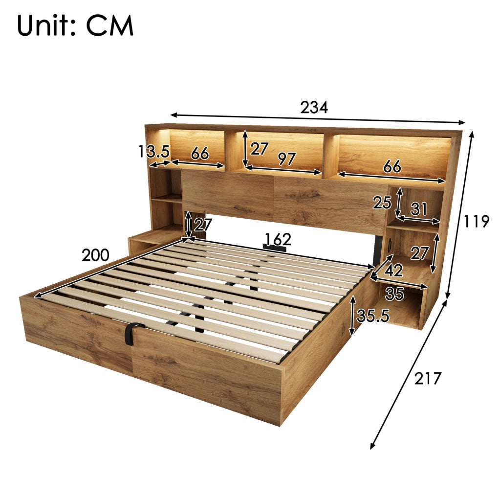Letto matrimoniale 160x200 cm effetto rovere con contenitore; LED; USB e comodini integrati