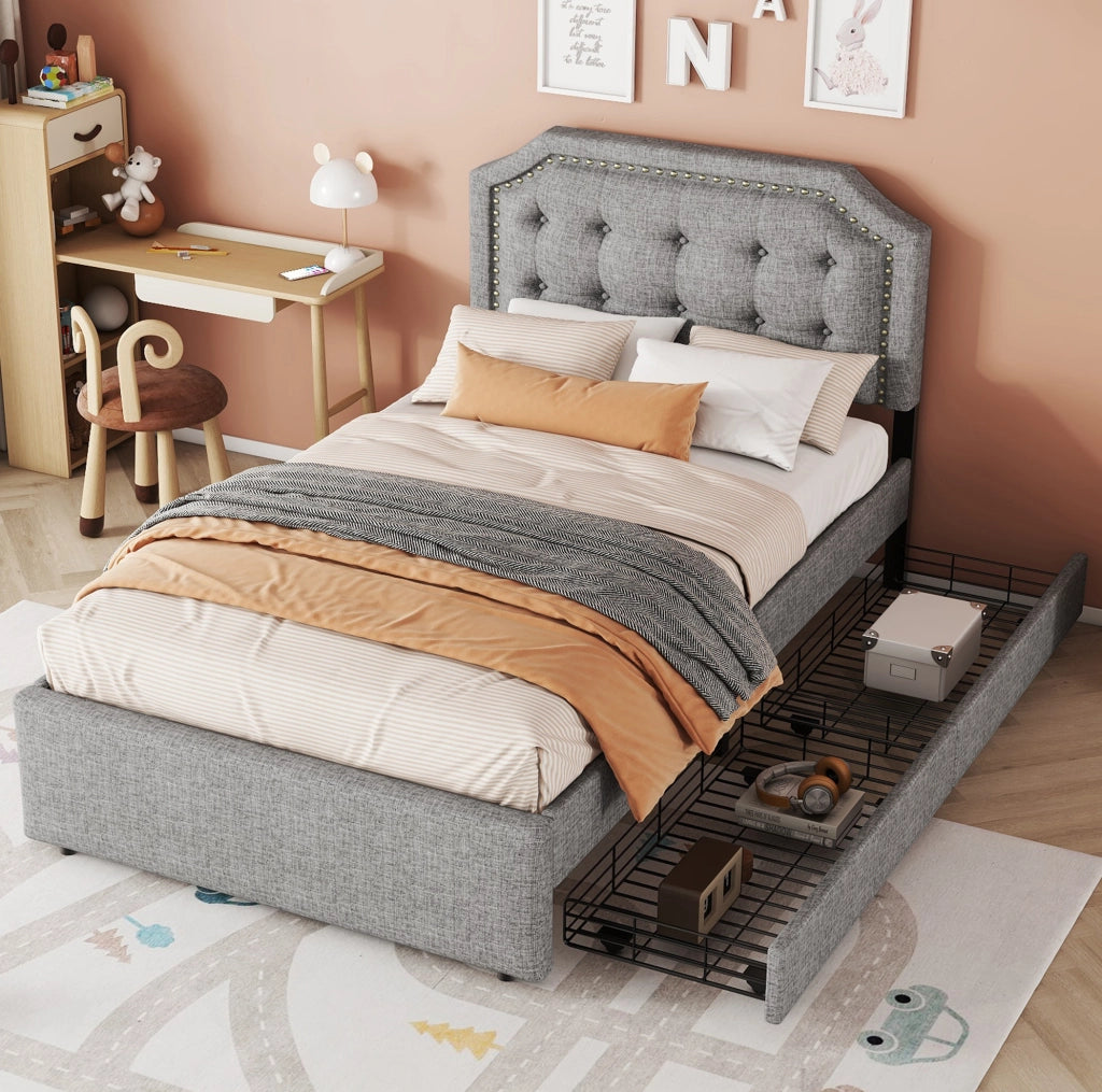 Letto imbottito grigio 90x200 cm con cassetti e testiera regolabile