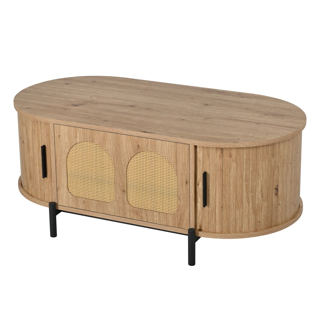 TAVOLINO DA SALOTTO Ovale 100x50x40 cm MDF Naturale con ante in rattan